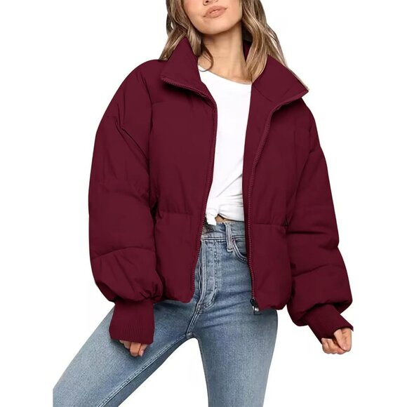 Jackets & Blazers - Women's Puffer Jacket Coats Short Warm Quilted Jackets with Pockets Burgundy